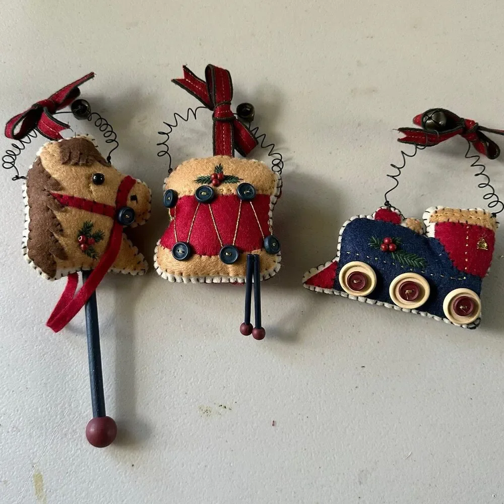 Rare Handmade Handcrafted Train Engine Drum Hobby Horse Felt Christmas Ornaments